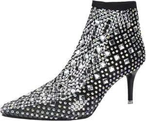 SuanlaTDS Women's High Heels Sandals 2025 Summer Stiletto Heel Ankle Boots Sexy Rhinestones Mesh Pointed Toe Mid Calf Short Booties Wedding Party Banquet Beach Dressy Heeled Sandal Dress Shoes
