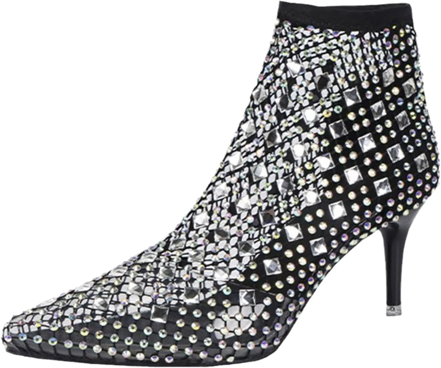 SuanlaTDS Women's High Heels Sandals 2025 Summer Stiletto Heel Ankle Boots Sexy Rhinestones Mesh Pointed Toe Mid Calf Short Booties Wedding Party Banquet Beach Dressy Heeled Sandal Dress Shoes