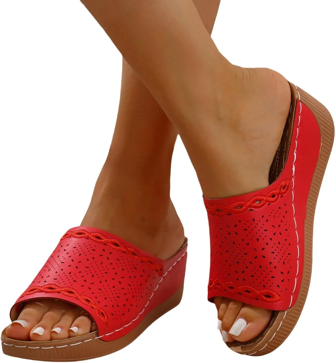 Summer Beach Sandals for Women 2025 Hollow Out Flower Sandal Womens Platform Slide Open Toe Leather Orthopedic Sandals Breathable Summer Platform Walking Slides Platform Wedge Slip on Shoes 2025