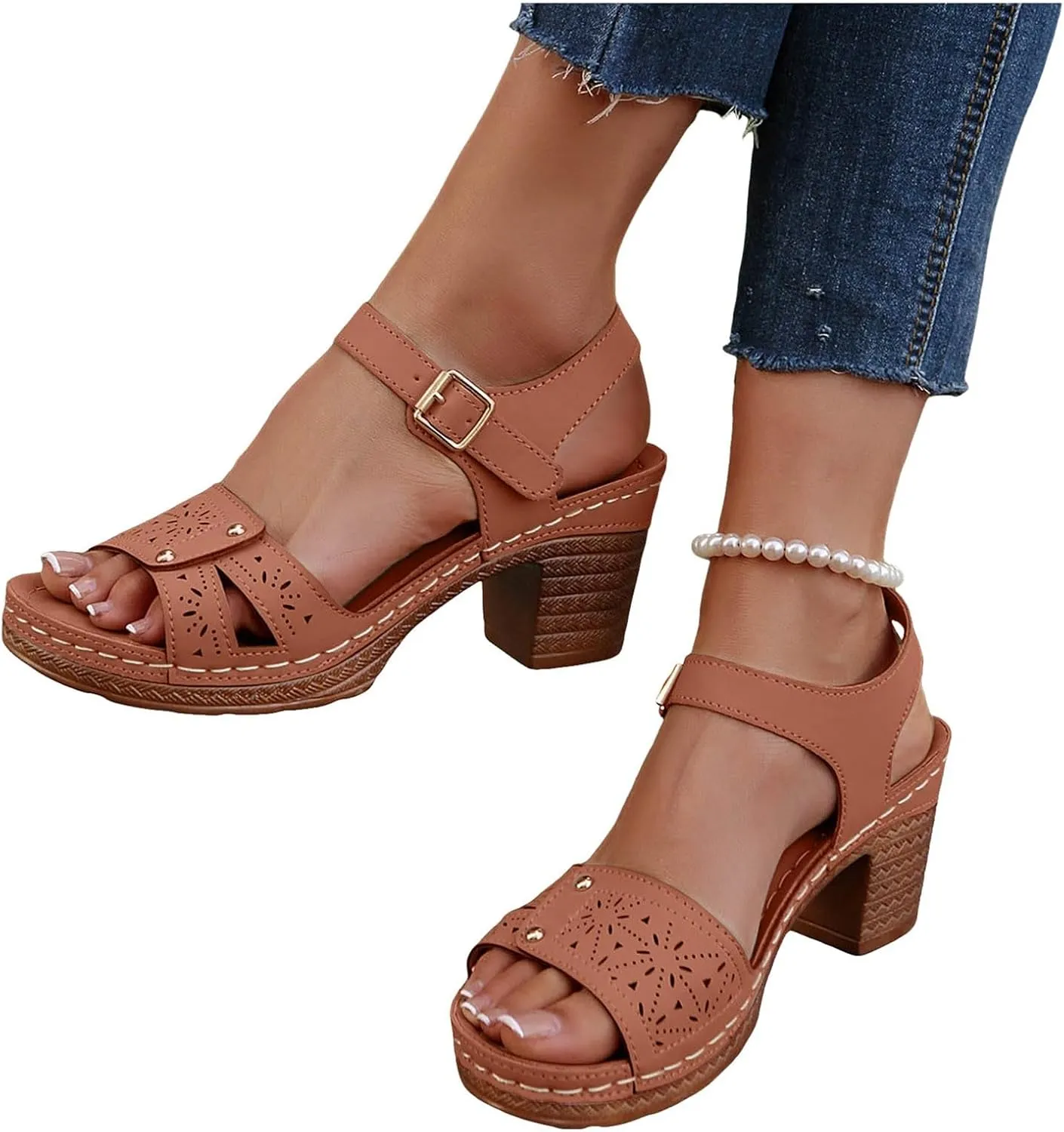 Summer Sandals For Women 2025,Women's Chunky Block Mid Heels Low Open Toe Ankle Strap Classic Platform Heel Slip On Womens Dress Straps Comfortable Sandal Adjustable Walking Shoes for Daily Wear