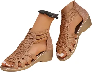 Summer Sandals For Women 2025,Women's Rhinestone Sparkly Chunky Block Heel Open Toe Dressy Mid Wedges Heeled Sandal with Zipper Bohemian Womens Shoes for Wedding Prom Homecoming Formal Events