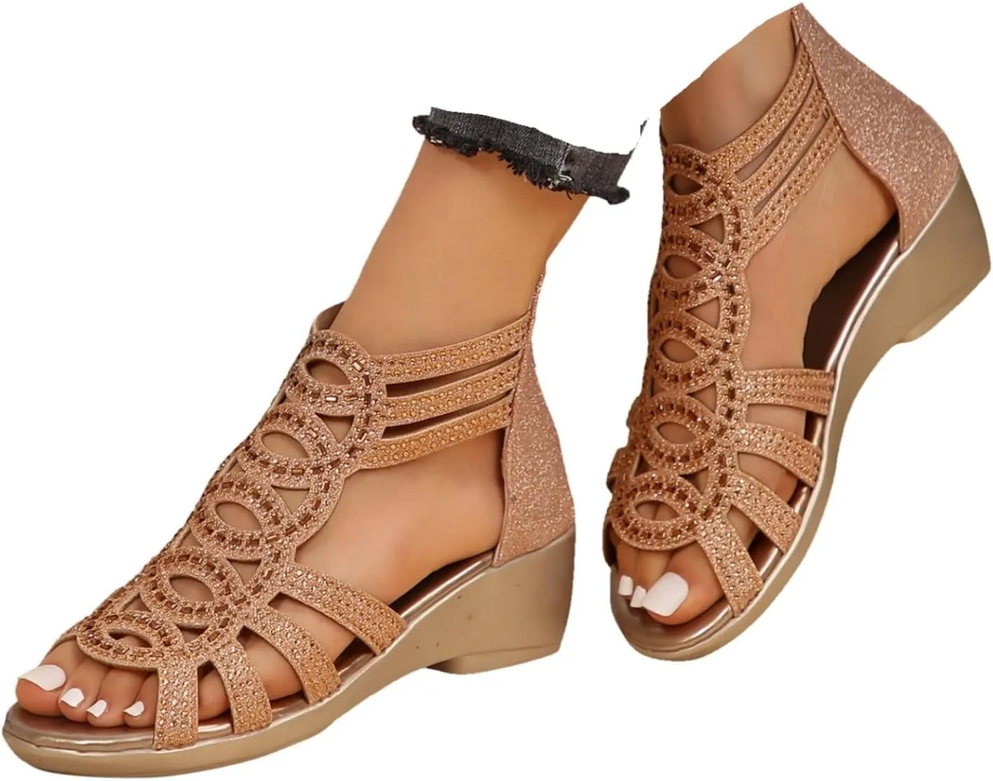 Summer Sandals For Women 2025,Women's Rhinestone Sparkly Chunky Block Heel Open Toe Dressy Mid Wedges Heeled Sandal with Zipper Bohemian Womens Shoes for Wedding Prom Homecoming Formal Events