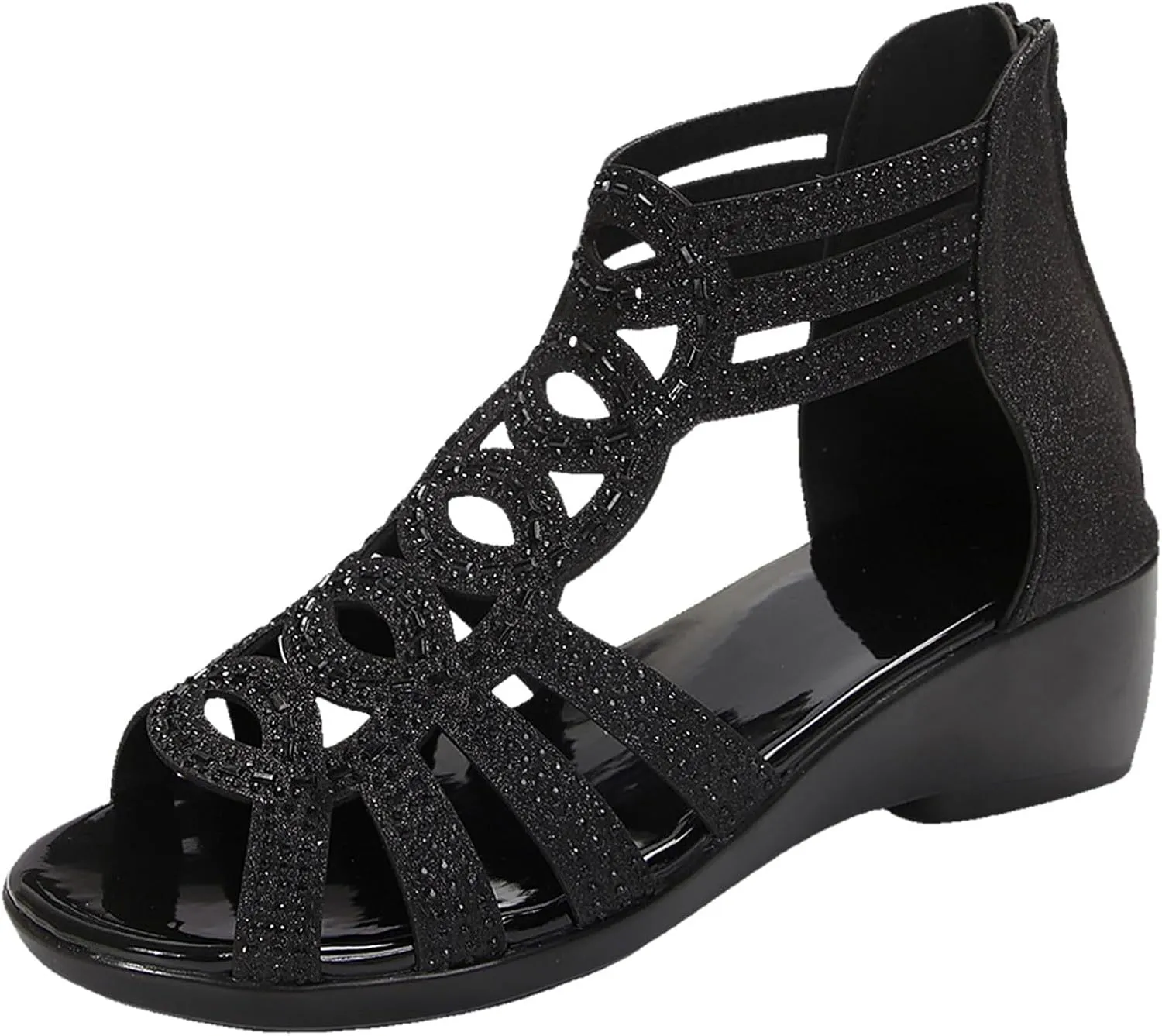 Summer Sandals For Women 2025,Women's Rhinestone Sparkly Chunky Block Heel Open Toe Dressy Mid Wedges Heeled Sandal with Zipper Bohemian Womens Shoes for Wedding Prom Homecoming Formal Events