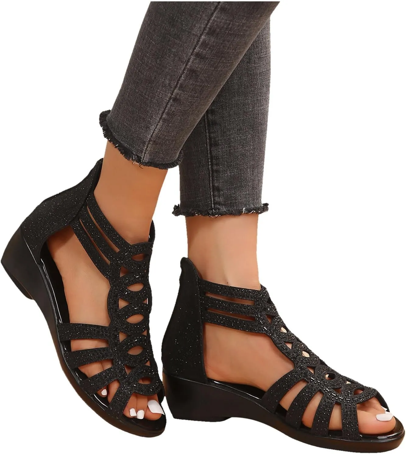 Summer Sandals For Women 2025,Women's Rhinestone Sparkly Chunky Block Heel Open Toe Dressy Mid Wedges Heeled Sandal with Zipper Bohemian Womens Shoes for Wedding Prom Homecoming Formal Events