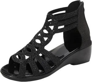 Summer Sandals For Women 2025,Women's Rhinestone Sparkly Chunky Block Heel Open Toe Dressy Mid Wedges Heeled Sandal with Zipper Bohemian Womens Shoes for Wedding Prom Homecoming Formal Events