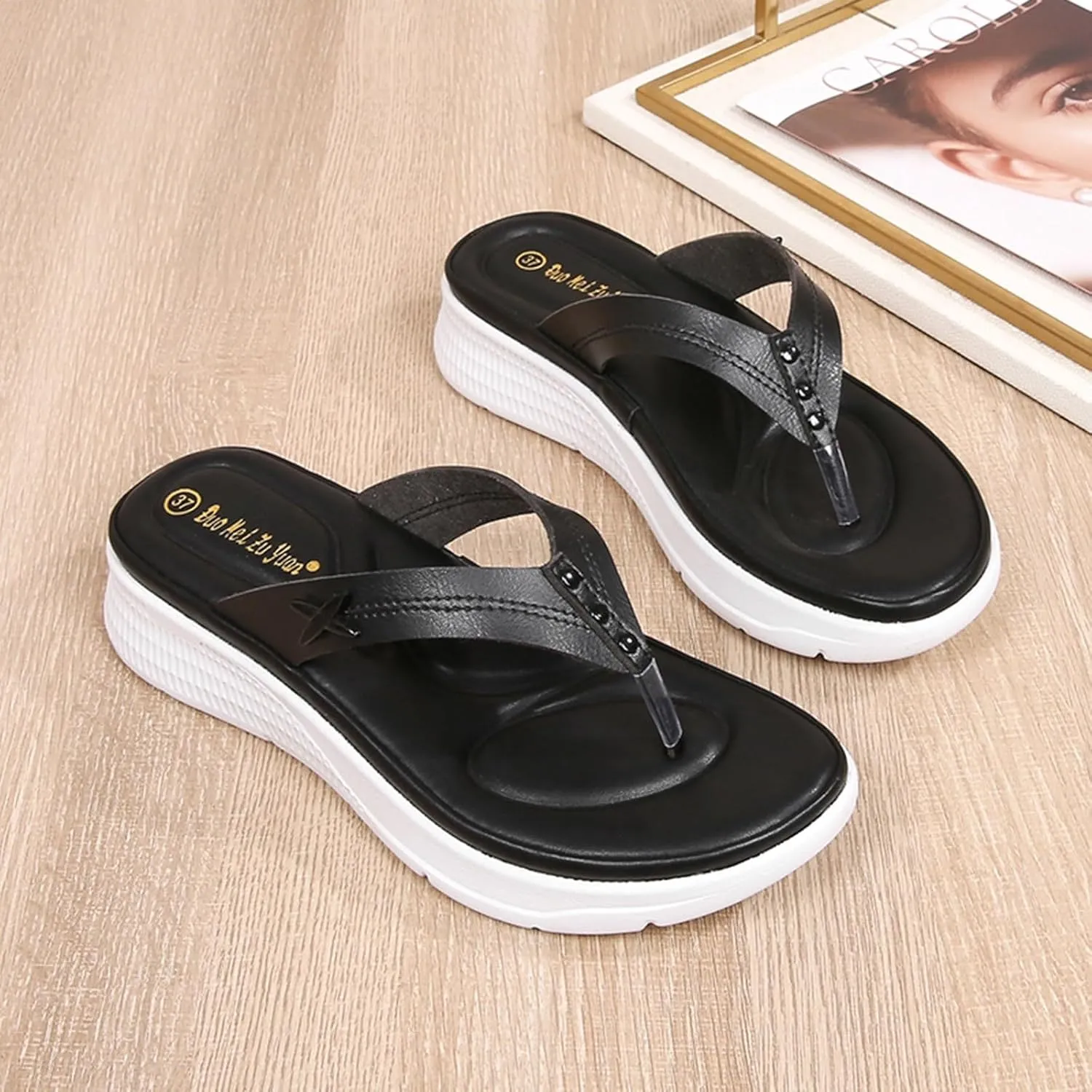 Women Shoes Comfortable Thick Sole Wedge Flip Flops Fashionable Outdoor Beach Flip Flop Sandals for Women Rubber