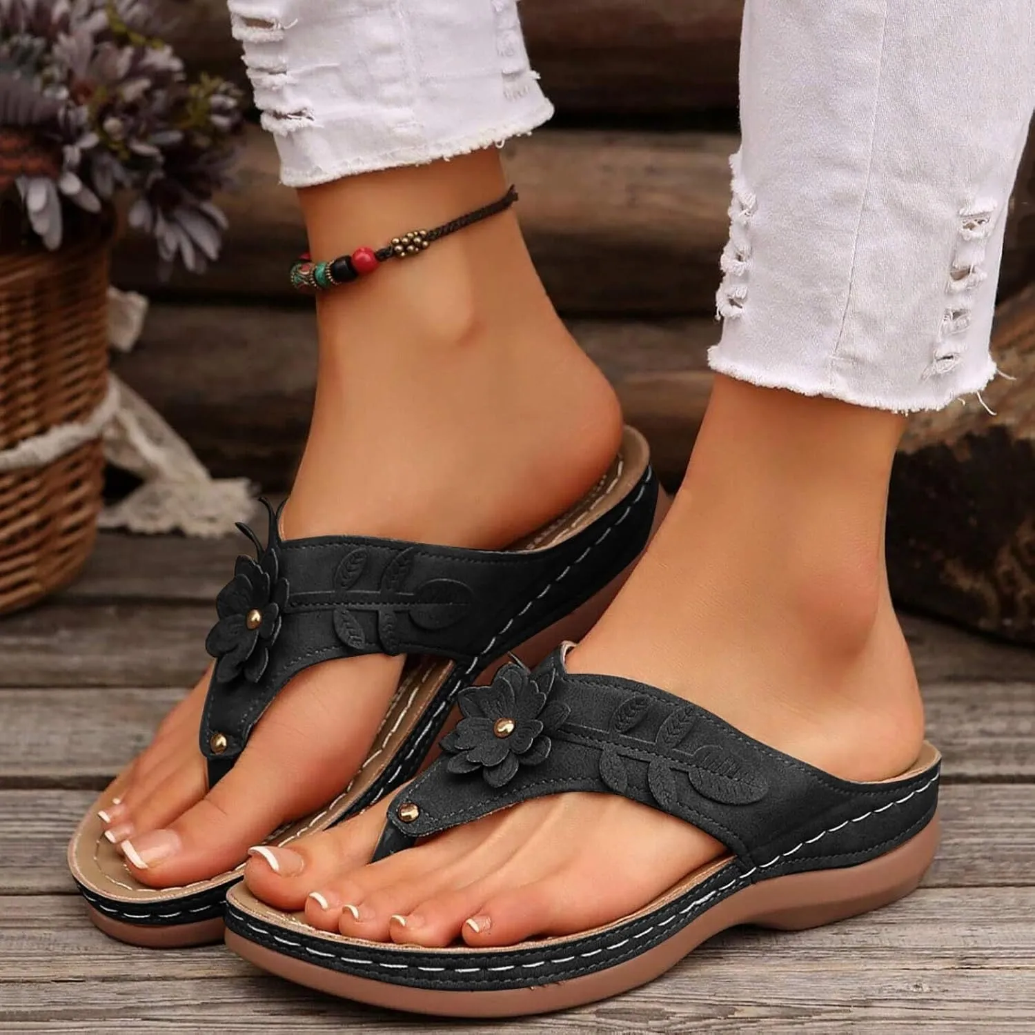 Womens Arch Support Soft Cushion Flip Flops Yoga Mat Comfortable Walking Thong Sandals Slip On Wedge Sandal Indoor Outdoor for Summer