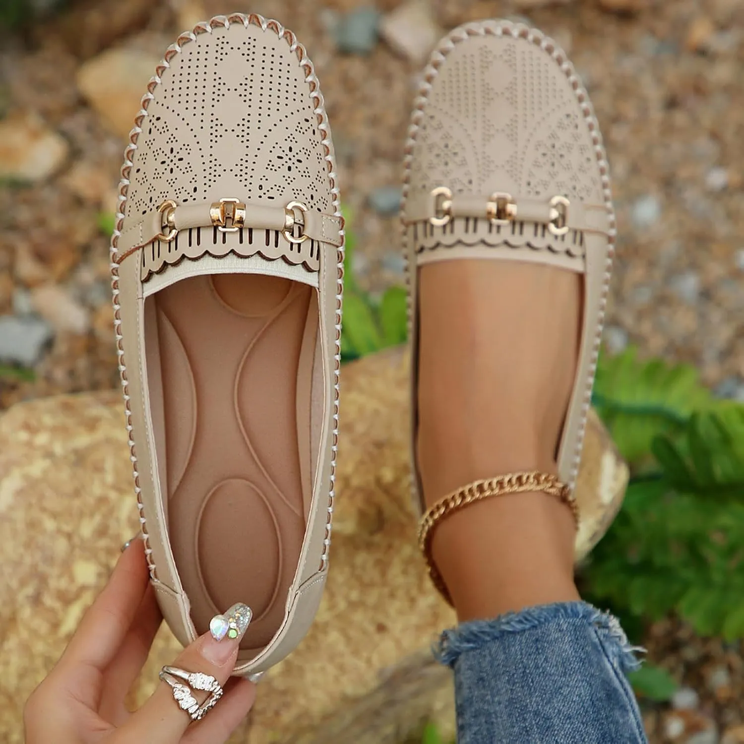 Womens Ballet Flat Handmade Floral Hollow Round Toe Dress Shoes Casual Slip On Rope Loafer Flowers PU Leather Flats