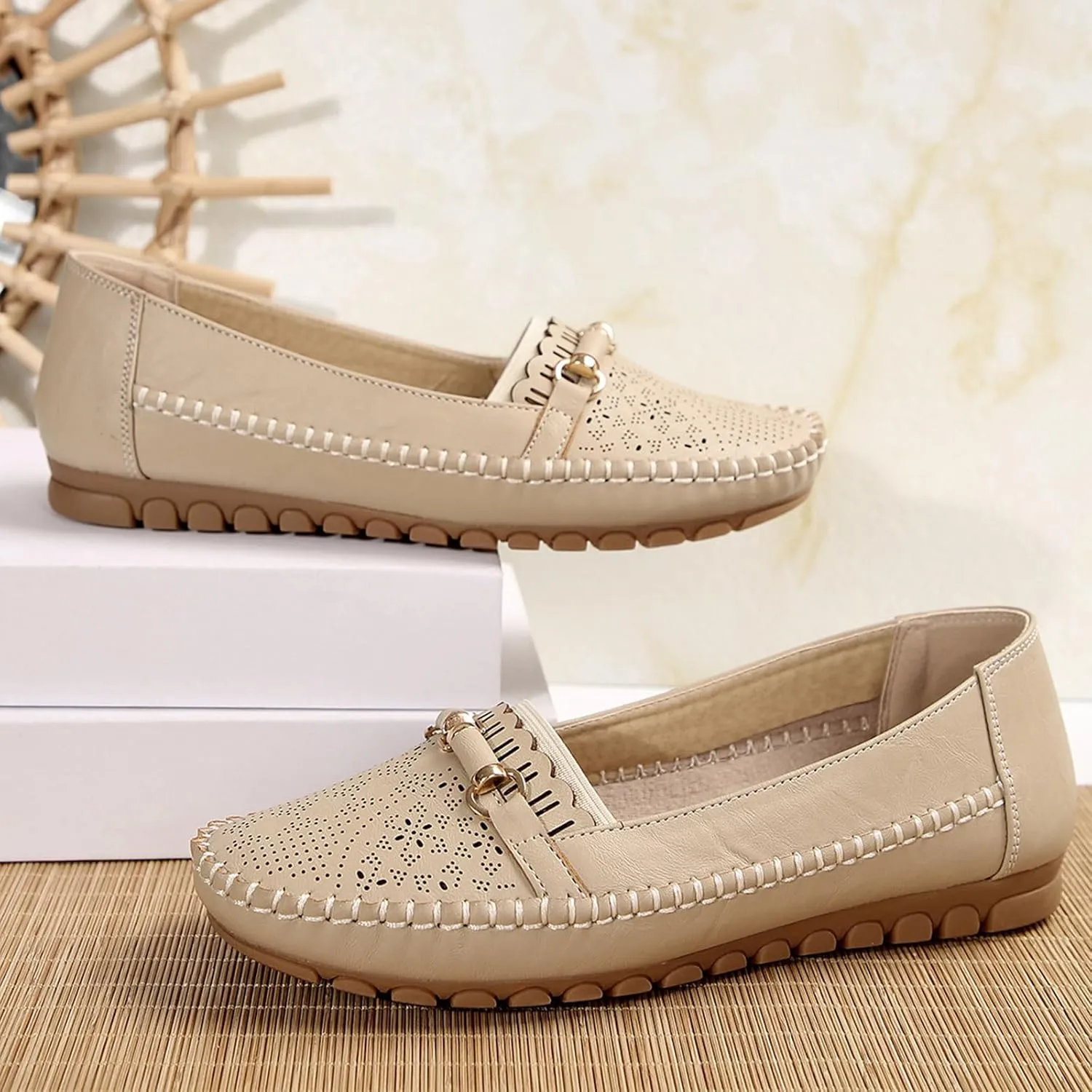 Womens Ballet Flat Handmade Floral Hollow Round Toe Dress Shoes Casual Slip On Rope Loafer Flowers PU Leather Flats