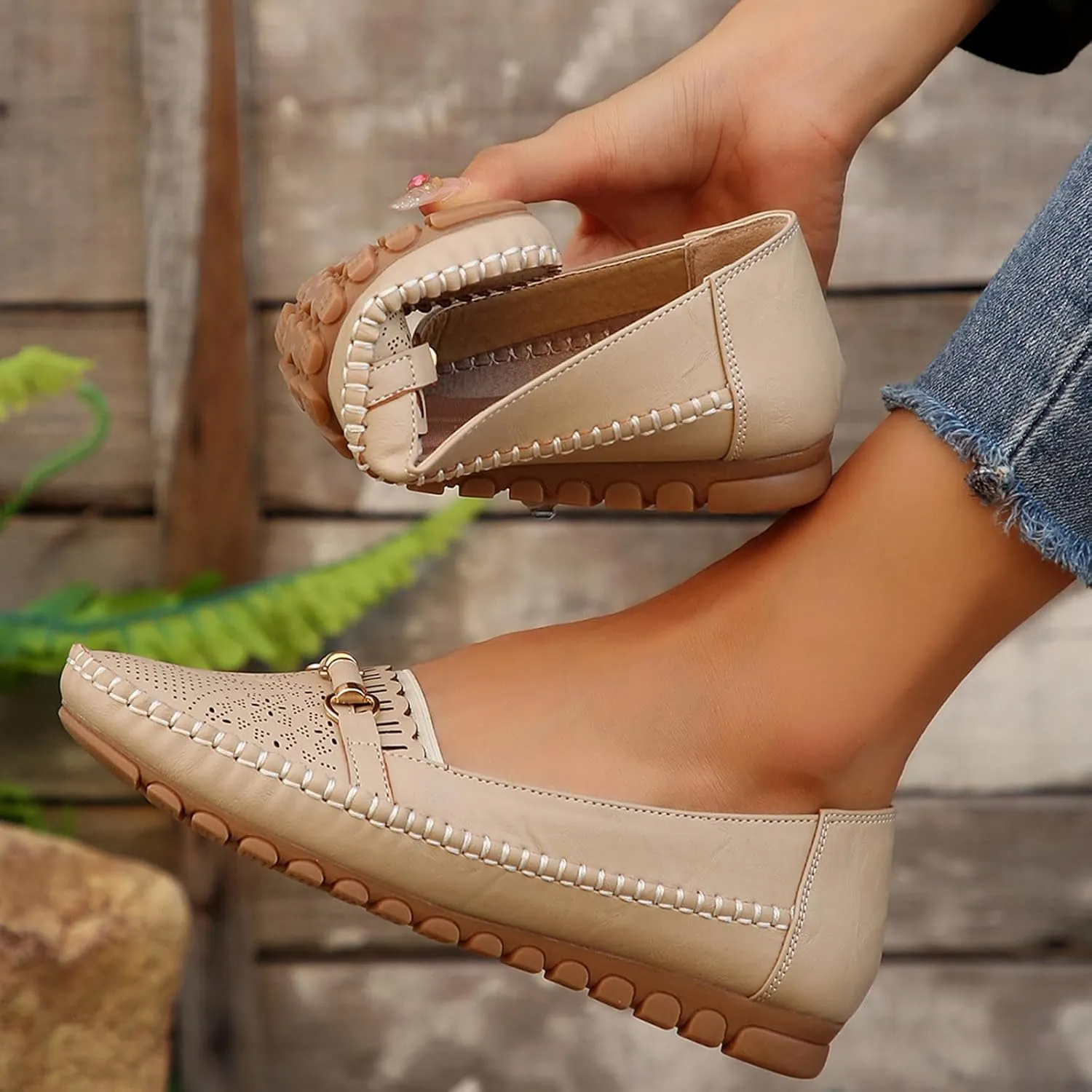 Womens Ballet Flat Handmade Floral Hollow Round Toe Dress Shoes Casual Slip On Rope Loafer Flowers PU Leather Flats