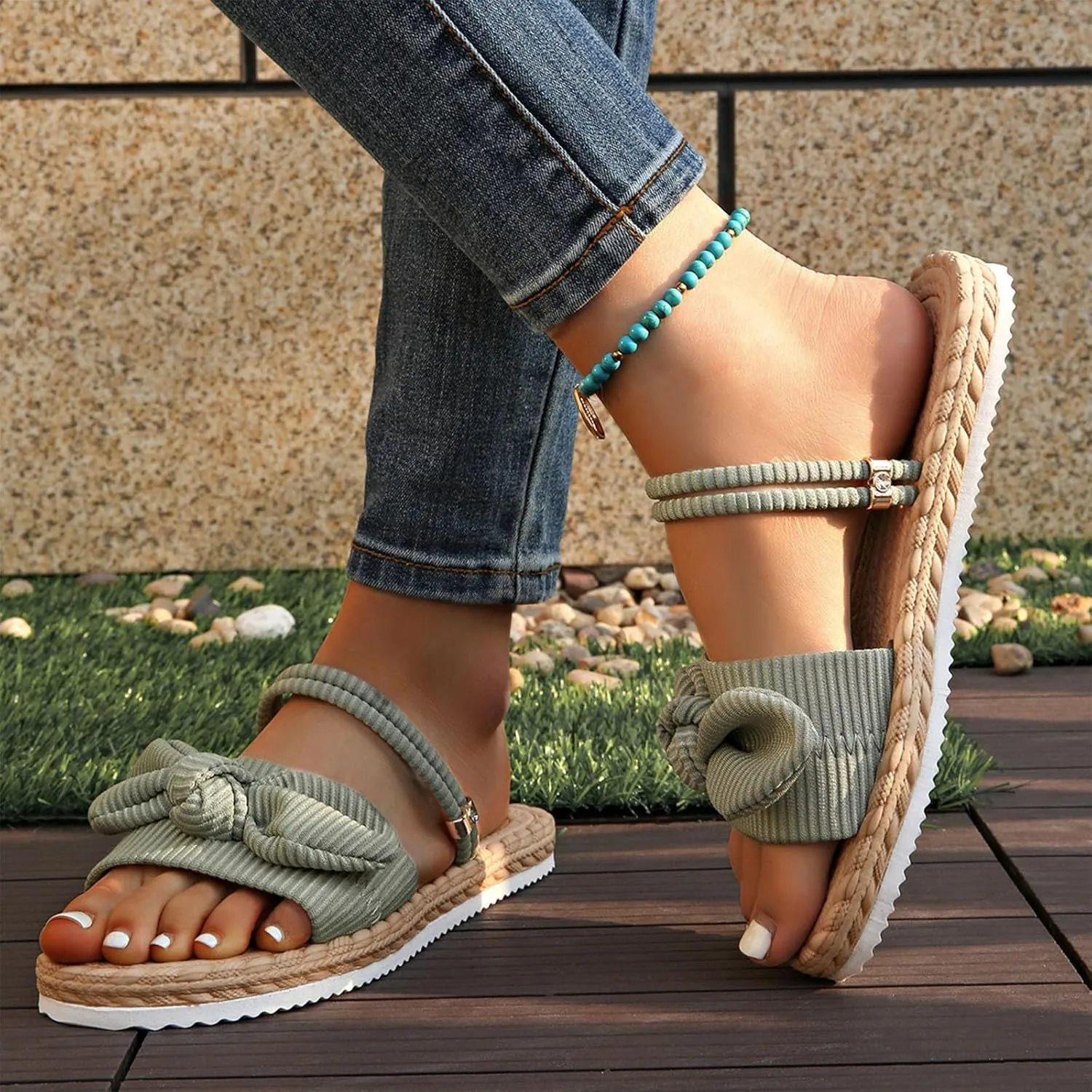 Women's Bow Flat Slide Sandals Straw Footbed Open Toe Dressy Boho Summer Beach Slides Casual Slip On Ladies Sandals