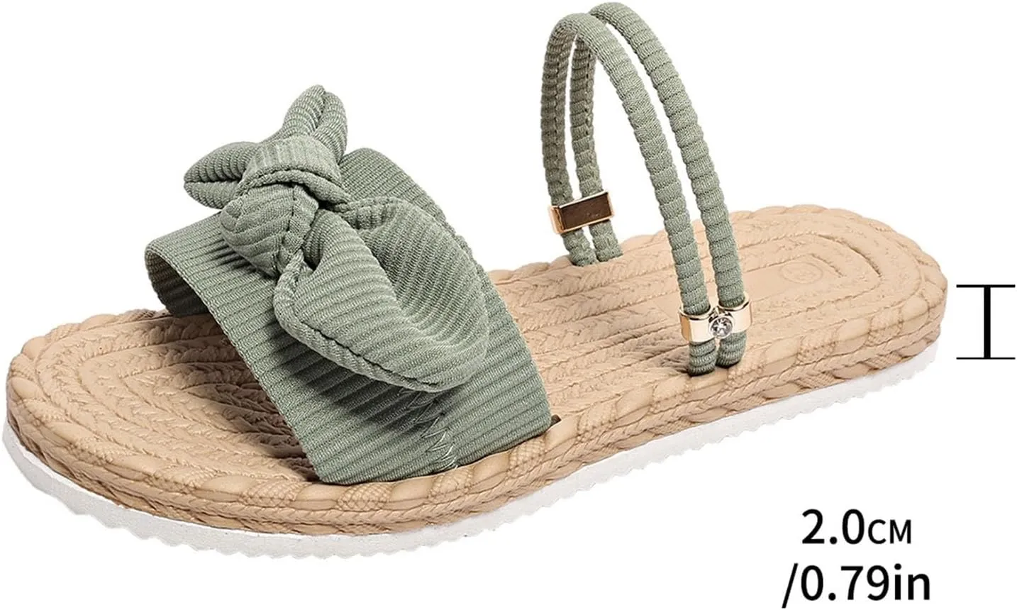 Women's Bow Flat Slide Sandals Straw Footbed Open Toe Dressy Boho Summer Beach Slides Casual Slip On Ladies Sandals