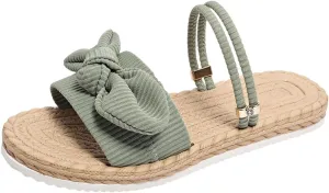 Women's Bow Flat Slide Sandals Straw Footbed Open Toe Dressy Boho Summer Beach Slides Casual Slip On Ladies Sandals