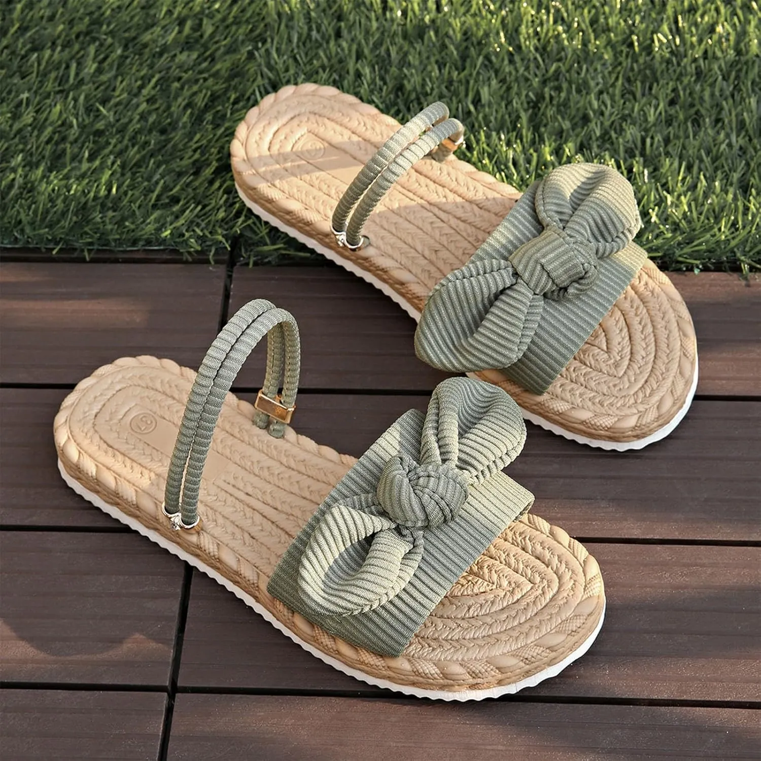 Women's Bow Flat Slide Sandals Straw Footbed Open Toe Dressy Boho Summer Beach Slides Casual Slip On Ladies Sandals