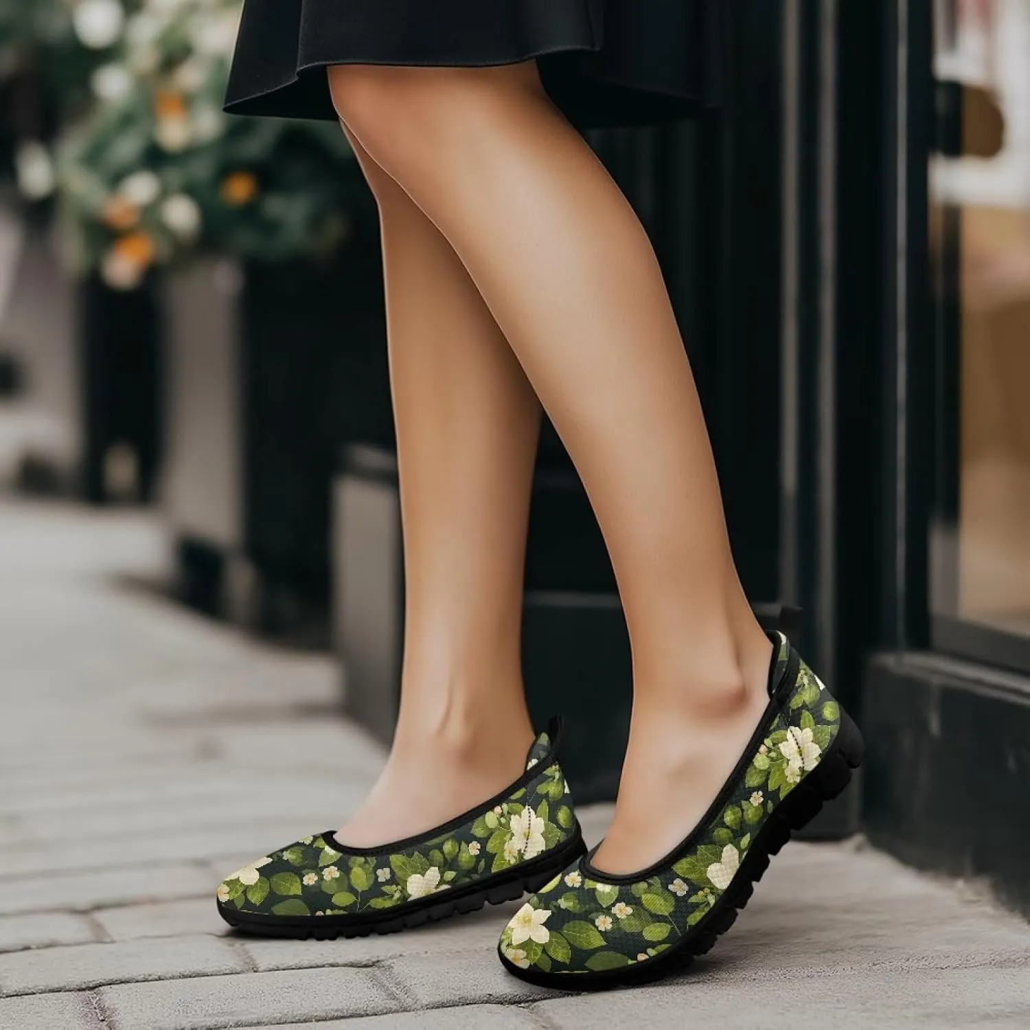 Women's Casual Shoes Floral Stylish Everyday Loafers Breathable Non Slip Work Shoes for Indoor Outdoor Size 6-11 Black Sole