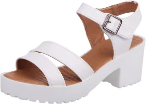 Women's Chunky Shoes Heels Sandals Breathable Casual Fashion Dress Sandals Adjustable Ankle Strap Slide Shoes Women