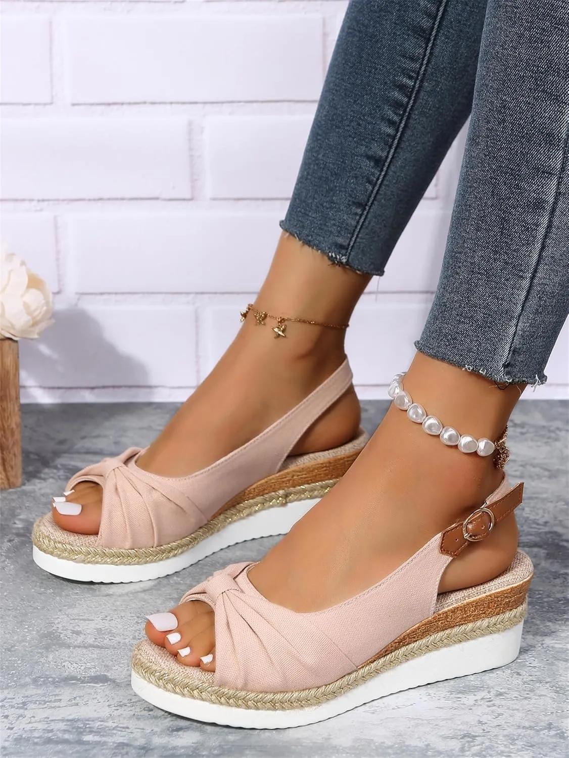 Womens Espadrille Wedge Sandals Open Toe Platform Criss Cross Canvas Strap Sandal Platform Buckle Elegant Shoes