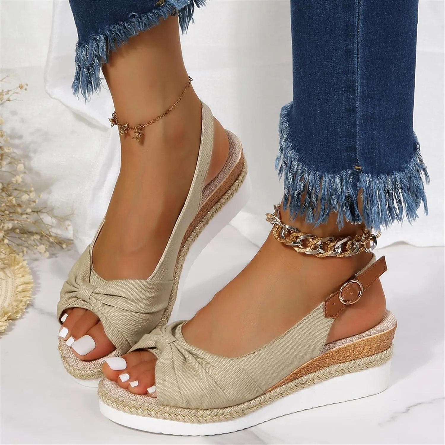 Womens Espadrille Wedge Sandals Open Toe Platform Criss Cross Canvas Strap Sandal Platform Buckle Elegant Shoes