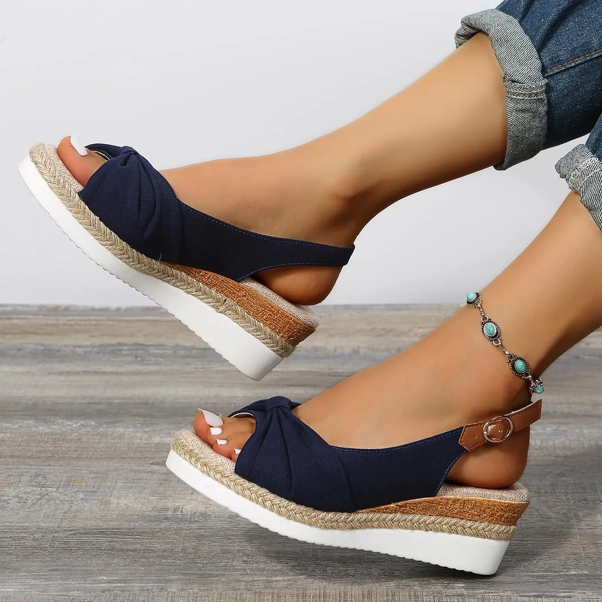 Womens Espadrille Wedge Sandals Open Toe Platform Criss Cross Canvas Strap Sandal Platform Buckle Elegant Shoes