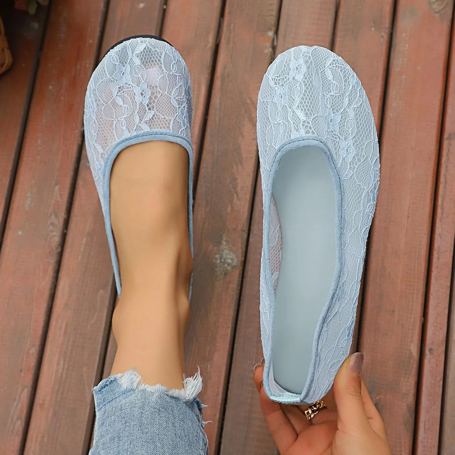 Womens Flats Cut Out Round Toe Slip On Floral Ballet Flat Comfortable Breathable Lace Flats Dressy Daily Walking Shoes