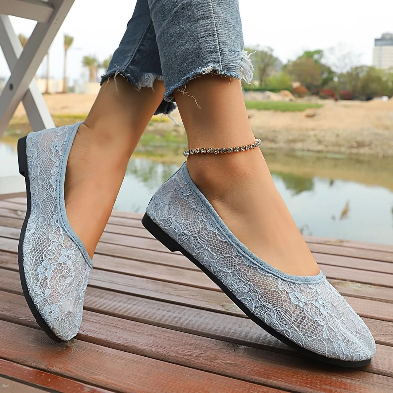 Womens Flats Cut Out Round Toe Slip On Floral Ballet Flat Comfortable Breathable Lace Flats Dressy Daily Walking Shoes