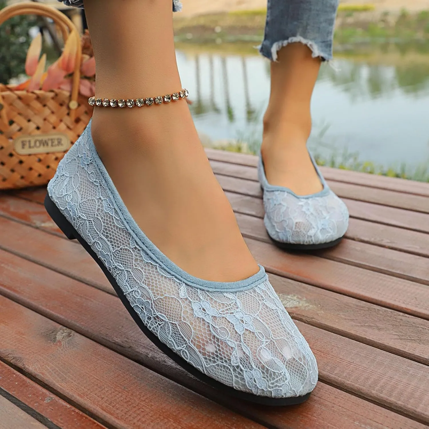 Womens Flats Cut Out Round Toe Slip On Floral Ballet Flat Comfortable Breathable Lace Flats Dressy Daily Walking Shoes