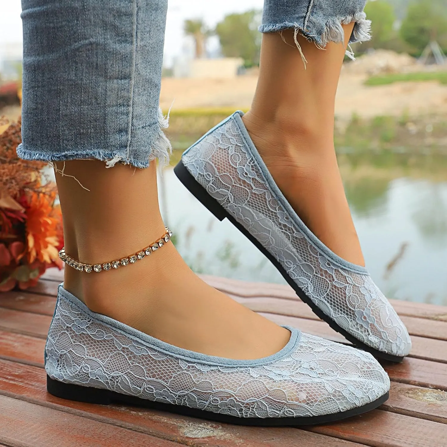Womens Flats Cut Out Round Toe Slip On Floral Ballet Flat Comfortable Breathable Lace Flats Dressy Daily Walking Shoes