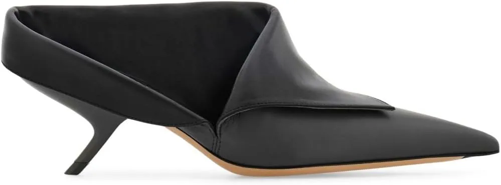 Women's Kitten Heel Mules Pointed Toe Stiletto Sandals Fold Over High Heels Dress Black Formal Office Slides