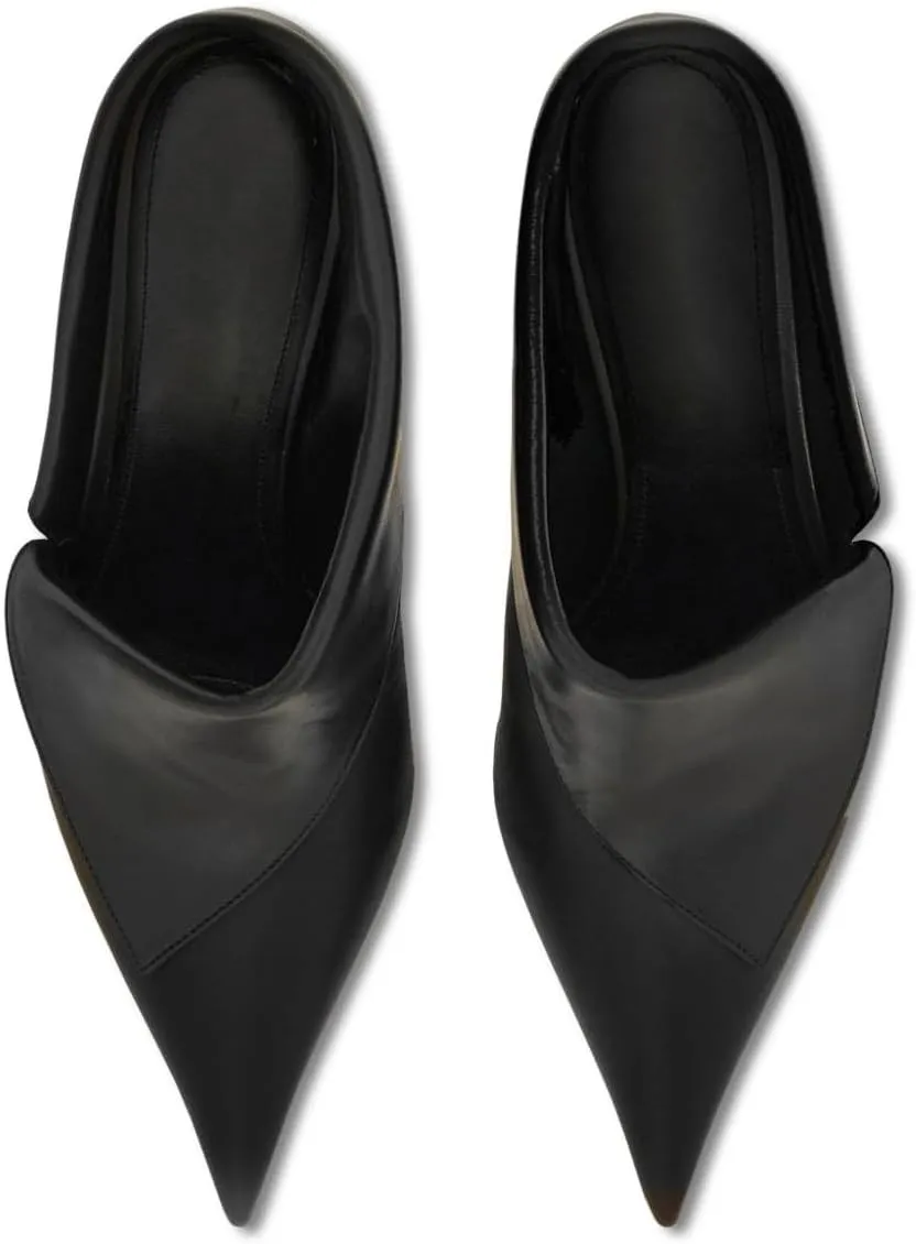 Women's Kitten Heel Mules Pointed Toe Stiletto Sandals Fold Over High Heels Dress Black Formal Office Slides
