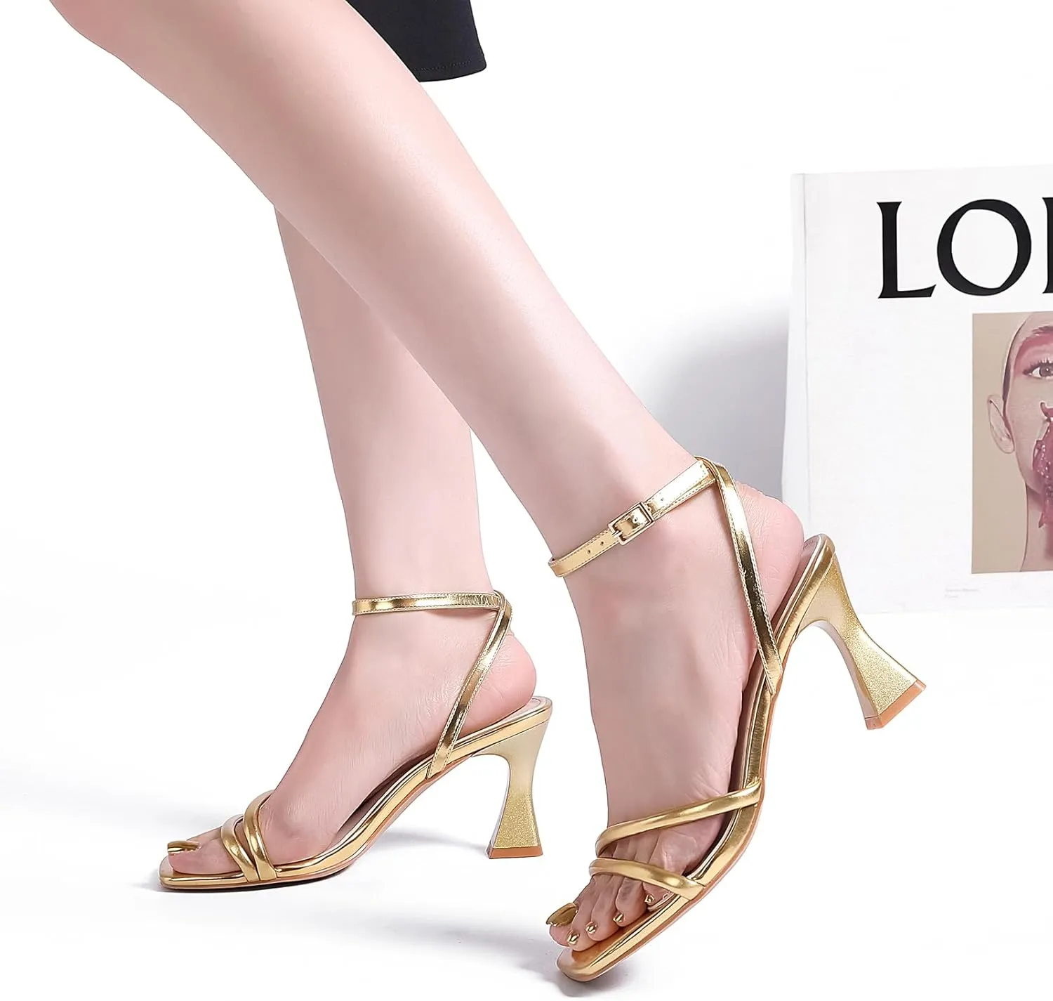 Women's Kitten Strappy High heels Square Open Toe Ankle Strap Heeled Sandals