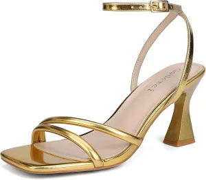 Women's Kitten Strappy High heels Square Open Toe Ankle Strap Heeled Sandals
