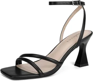 Women's Kitten Strappy High heels Square Open Toe Ankle Strap Heeled Sandals