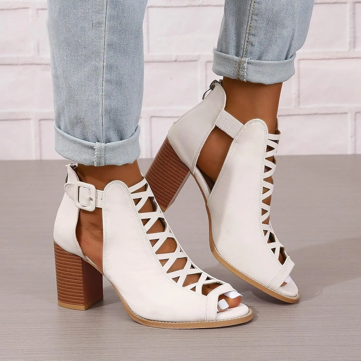 Women's Open Toe Booties with Block Heel and Side Comfortable and Stylish Cut Out Design Dollhouse Boots for Women