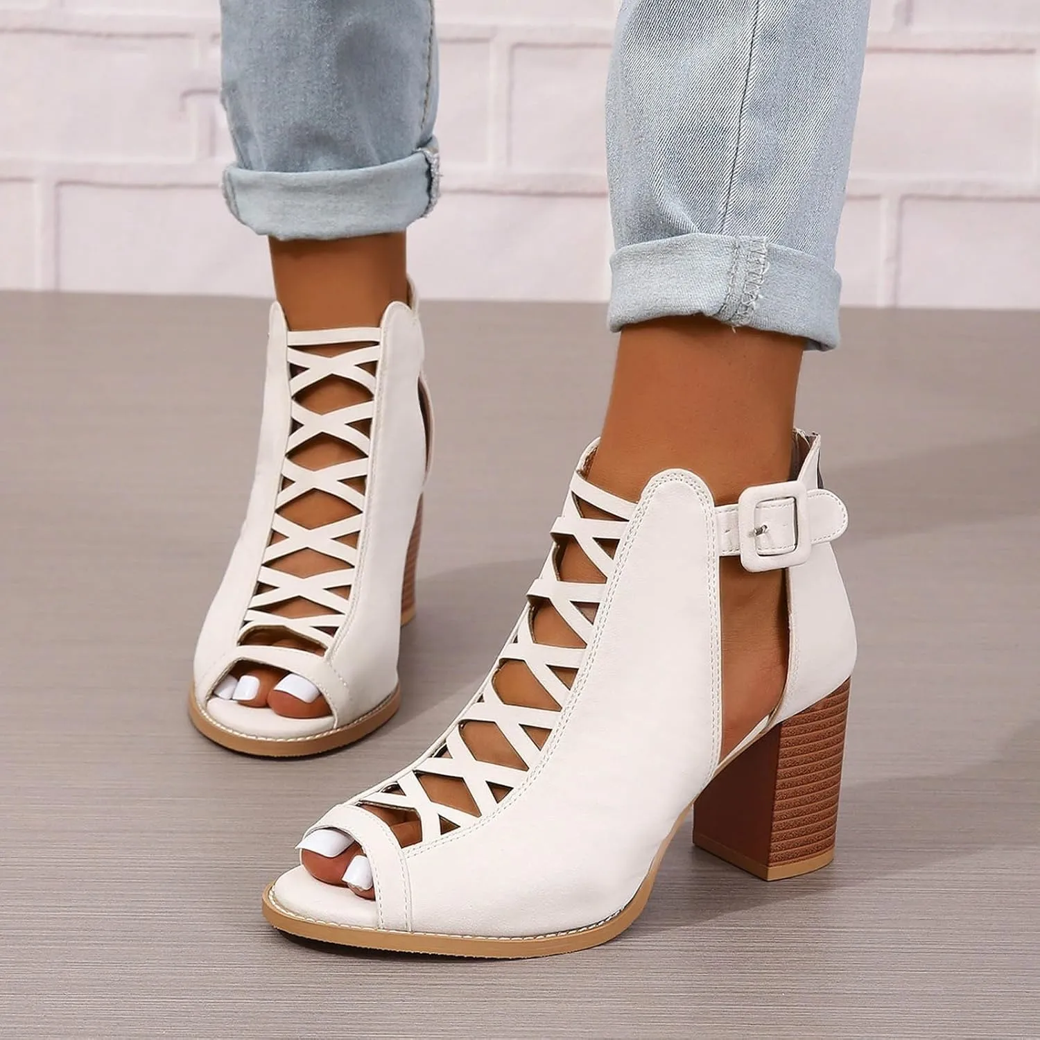 Women's Open Toe Booties with Block Heel and Side Comfortable and Stylish Cut Out Design Dollhouse Boots for Women