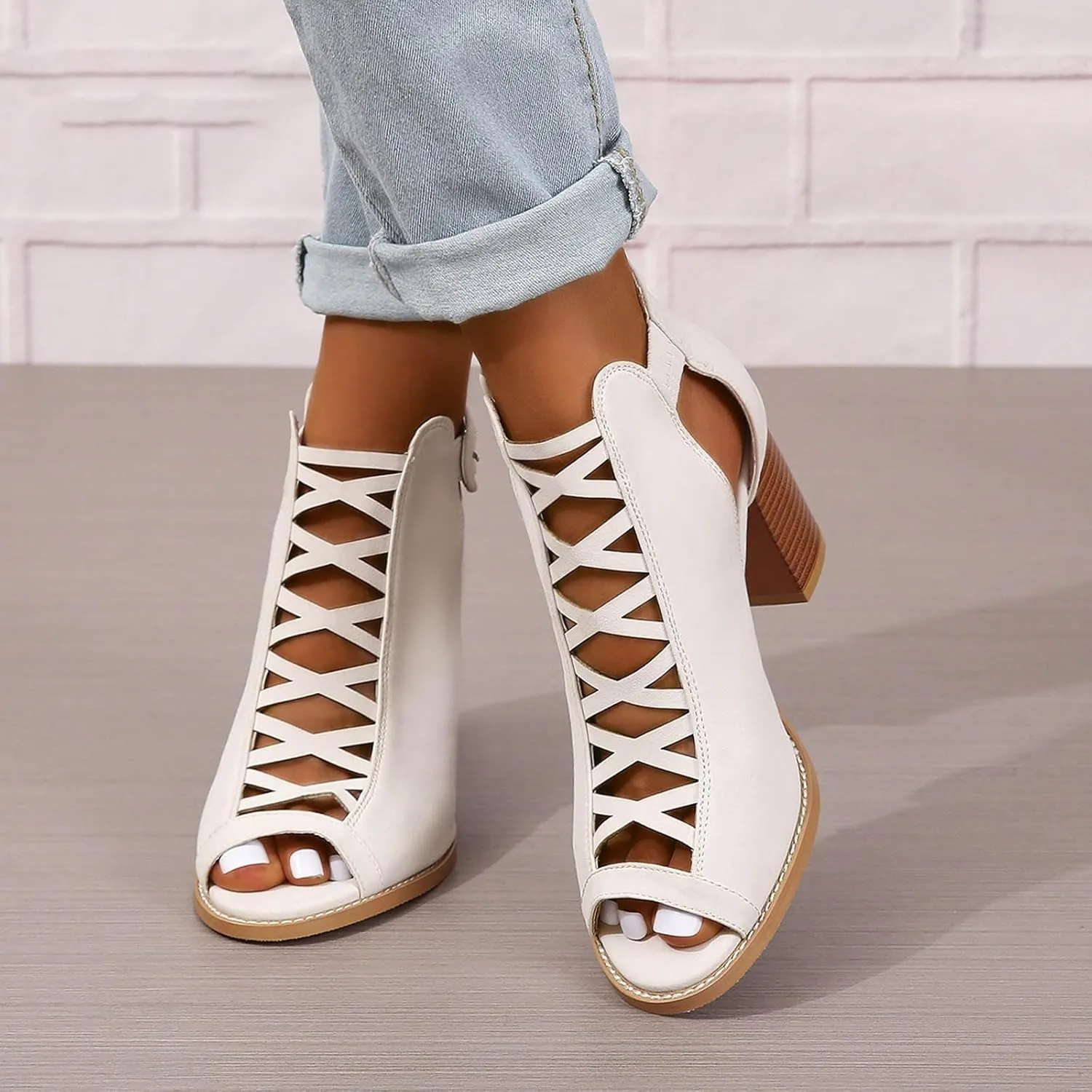 Women's Open Toe Booties with Block Heel and Side Comfortable and Stylish Cut Out Design Dollhouse Boots for Women