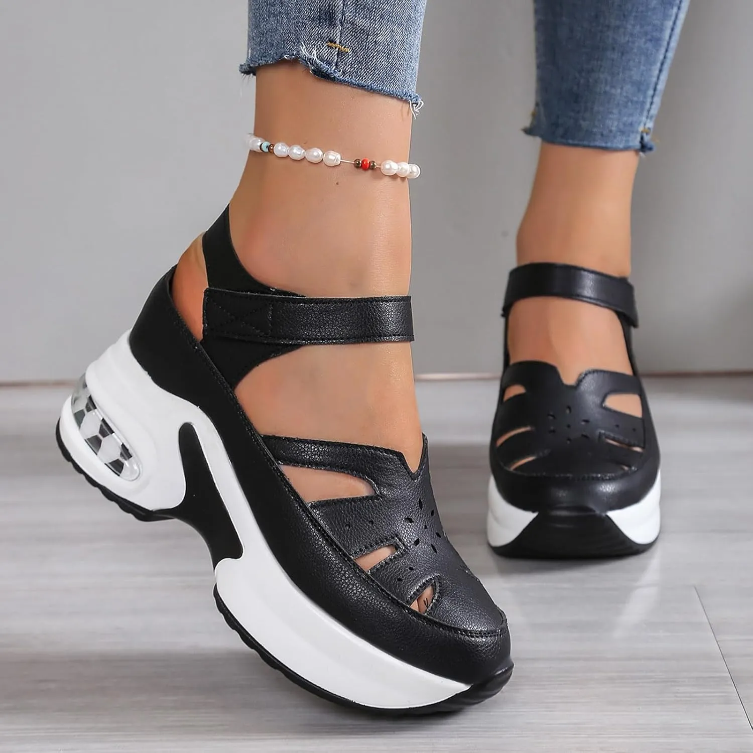 Women's Open Toe Platform Wedge Sandals Women's Platform Thick Soled Shoes Hollow Fashion Casual Height Increasing