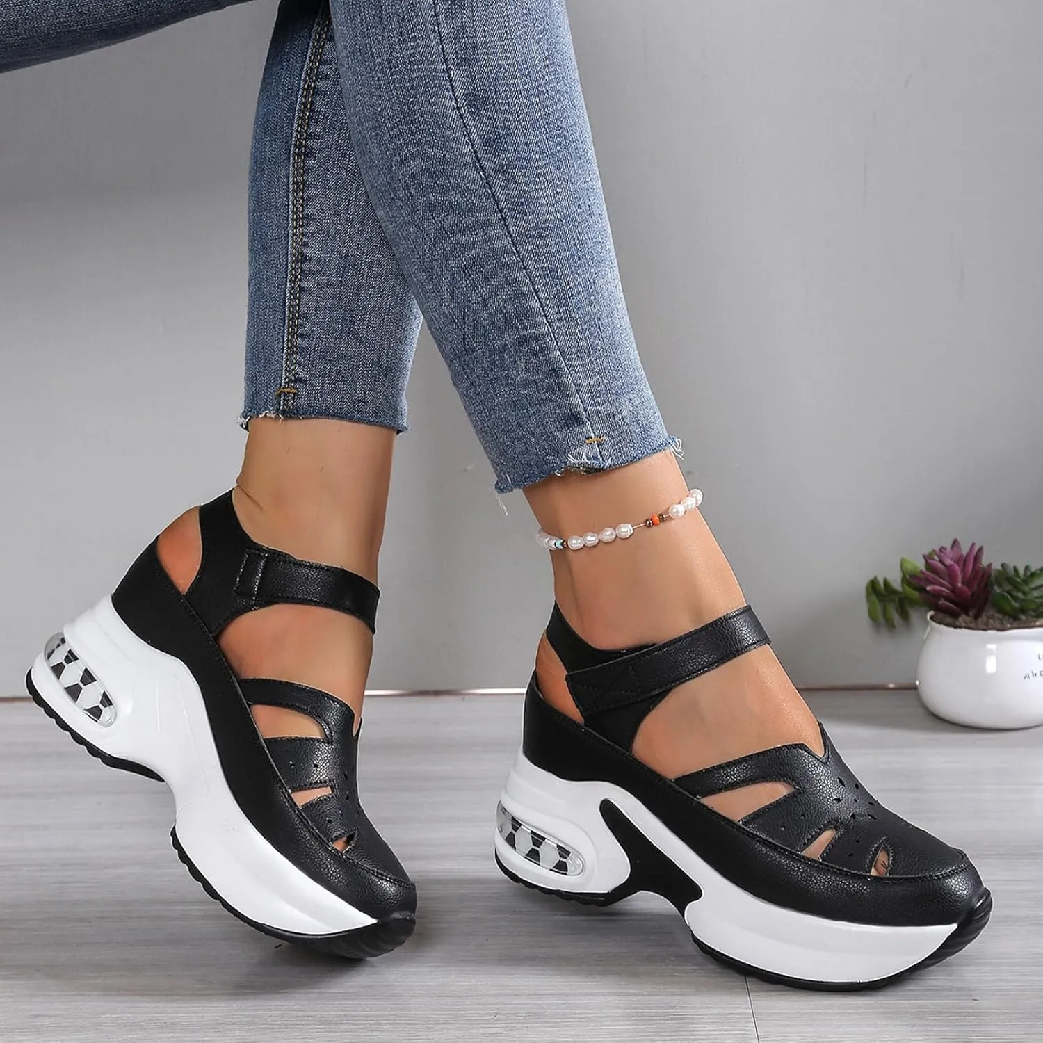 Women's Open Toe Platform Wedge Sandals Women's Platform Thick Soled Shoes Hollow Fashion Casual Height Increasing
