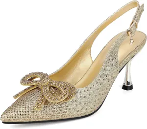 Women's rhinestone bow high heels, open heel plating fine high heels, closed pointed toe ankle strap kitten heels sandals formal shoes, suitable for wedding party dinner dance dress shoes