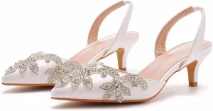 Women's Rhinestone Closed Toe Kitten Heels Pumps,Pointed Toe Slip On Low Heels Mule Shoes Fashion Slingback Wedding Party Dress Sandals