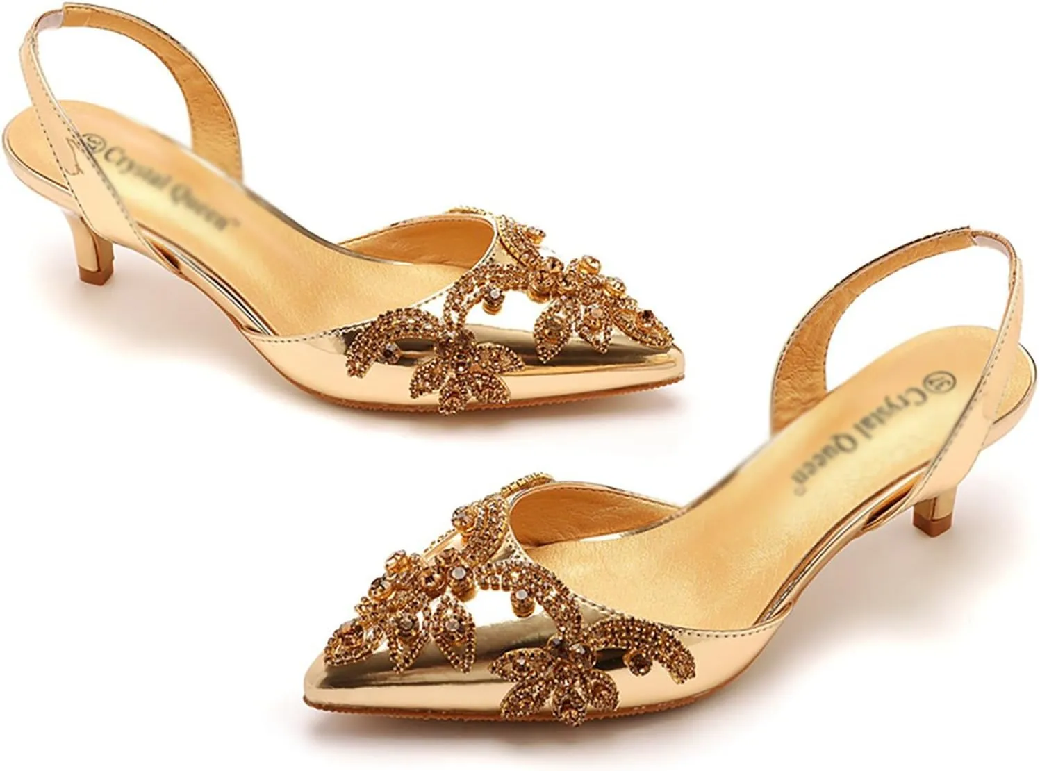 Women's Rhinestone Closed Toe Kitten Heels Pumps,Pointed Toe Slip On Low Heels Mule Shoes Fashion Slingback Wedding Party Dress Sandals