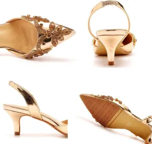 Women's Rhinestone Closed Toe Kitten Heels Pumps,Pointed Toe Slip On Low Heels Mule Shoes Fashion Slingback Wedding Party Dress Sandals