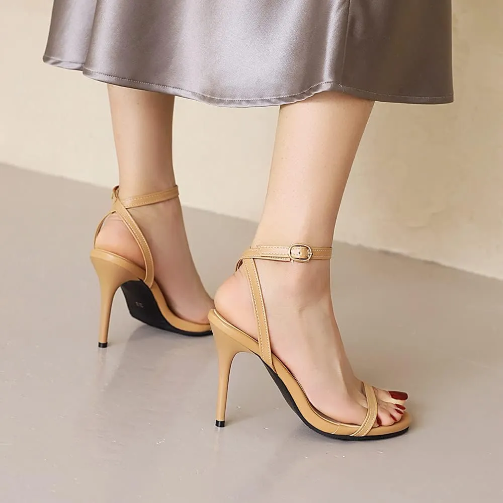 Women's Round Open Toe High Heels Slingback Ankle Strap Stiletto Sandals Strappy Wedding Party Dress Shoes