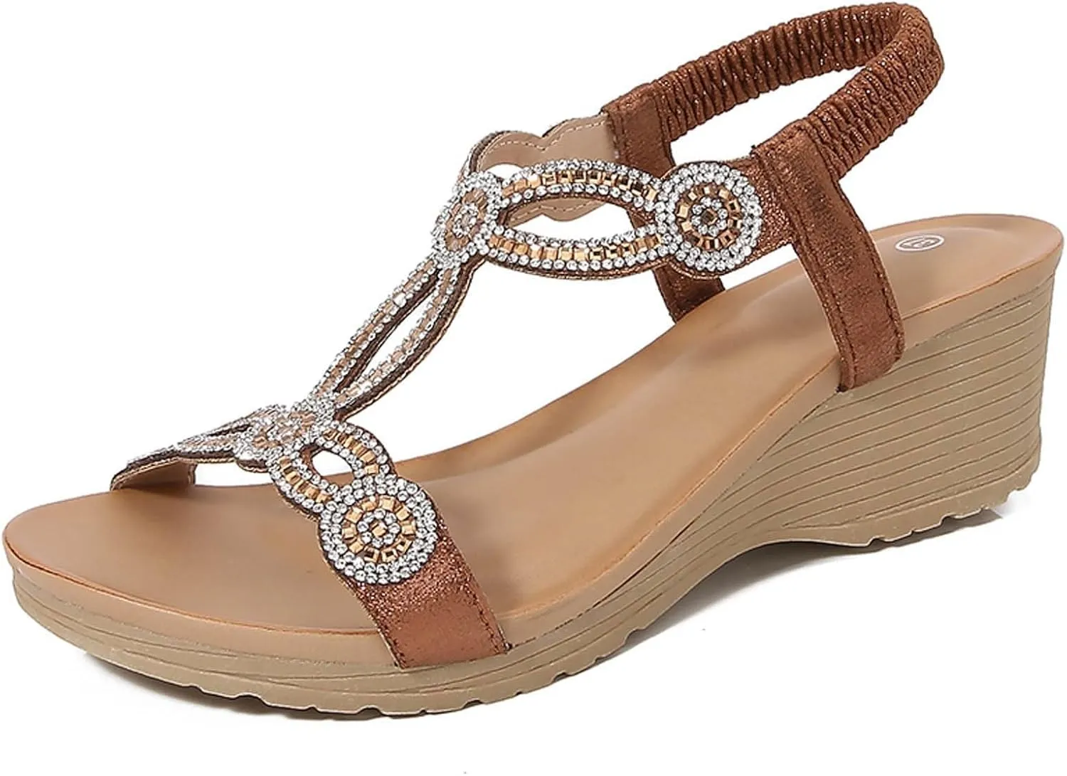 Womens Sandals 2025 Bohemian Low Wedge Sandal Comfortable Open Toe Sandals Casual Dressy Open Toe Elastic Ankle Strap Shoes Fashion Elegant Rhinestone Platform Shoes 2025