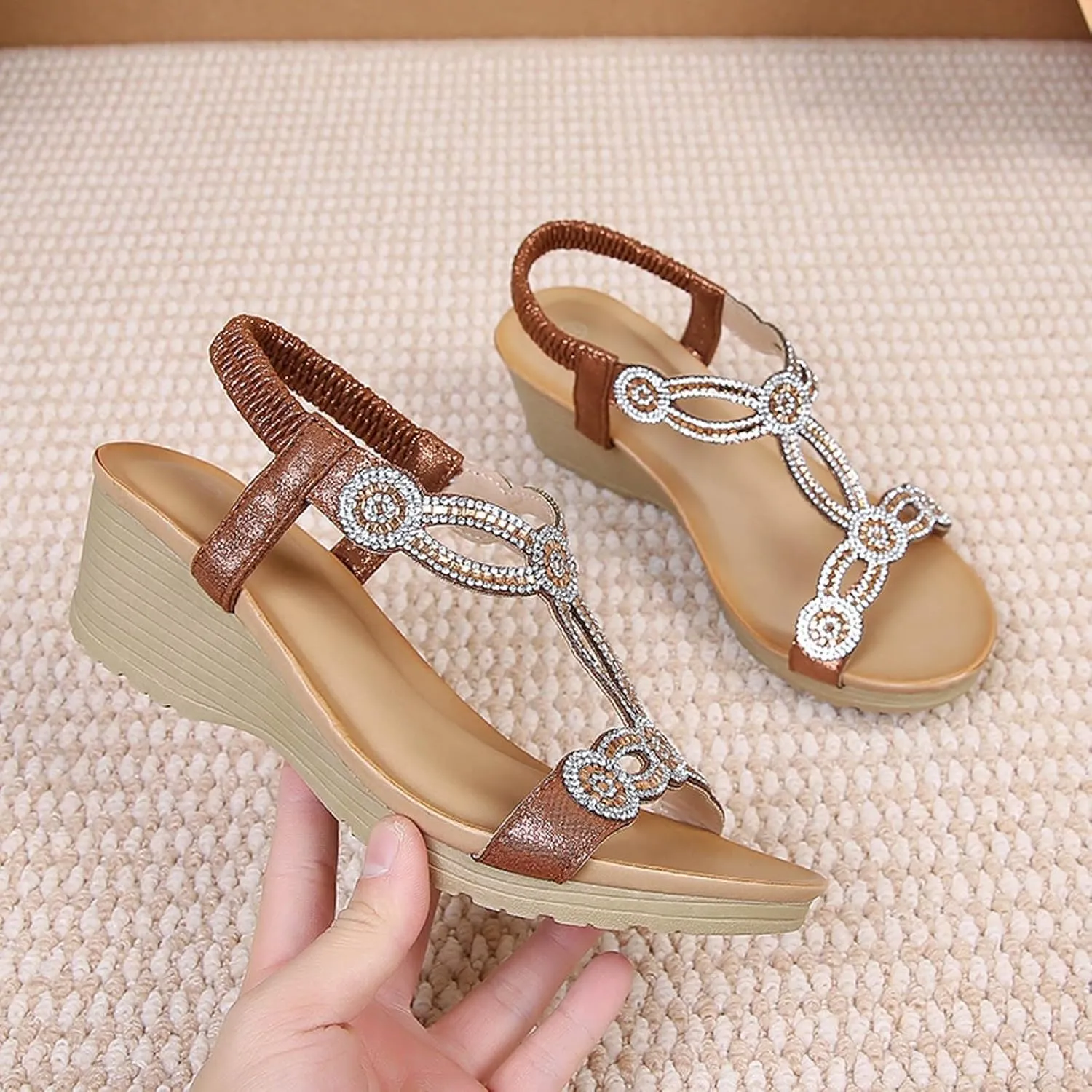 Womens Sandals 2025 Bohemian Low Wedge Sandal Comfortable Open Toe Sandals Casual Dressy Open Toe Elastic Ankle Strap Shoes Fashion Elegant Rhinestone Platform Shoes 2025