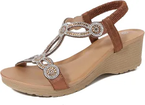 Womens Sandals 2025 Bohemian Low Wedge Sandal Comfortable Open Toe Sandals Casual Dressy Open Toe Elastic Ankle Strap Shoes Fashion Elegant Rhinestone Platform Shoes 2025