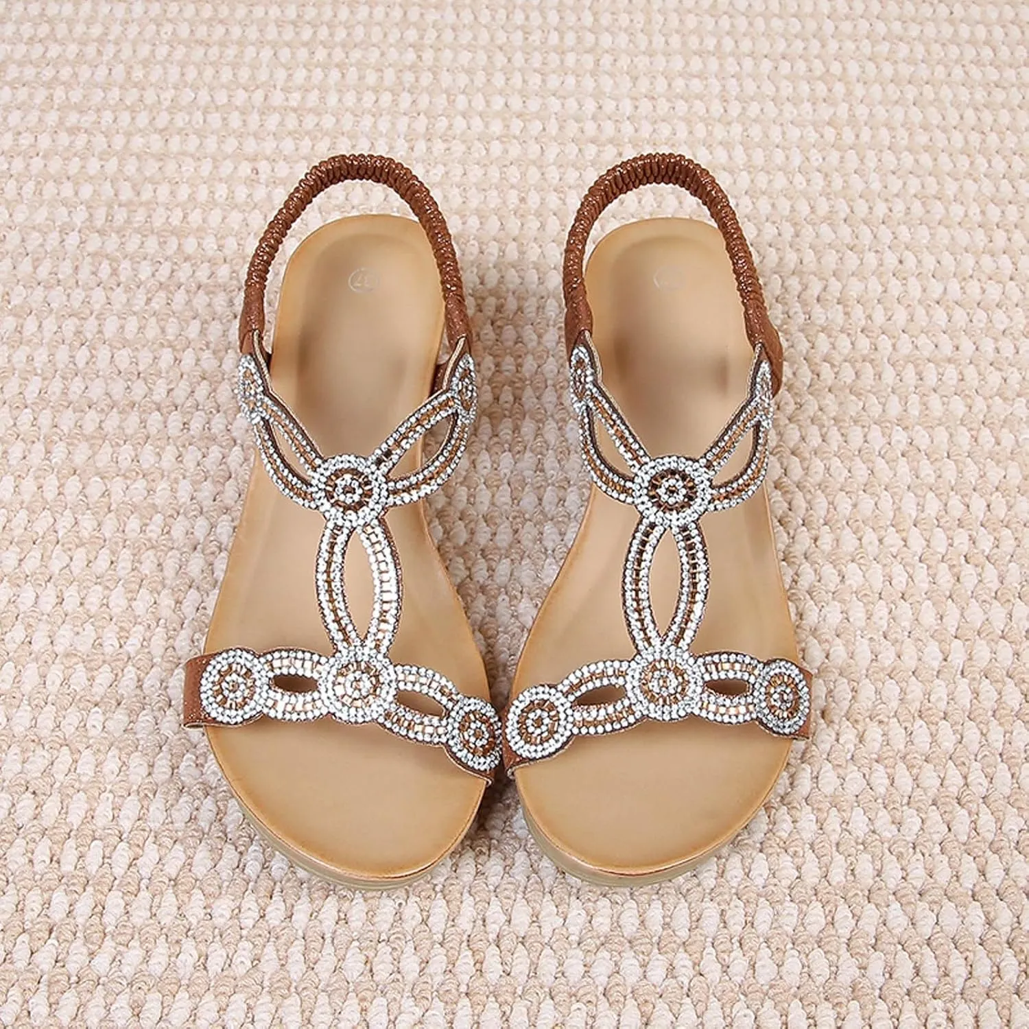 Womens Sandals 2025 Bohemian Low Wedge Sandal Comfortable Open Toe Sandals Casual Dressy Open Toe Elastic Ankle Strap Shoes Fashion Elegant Rhinestone Platform Shoes 2025