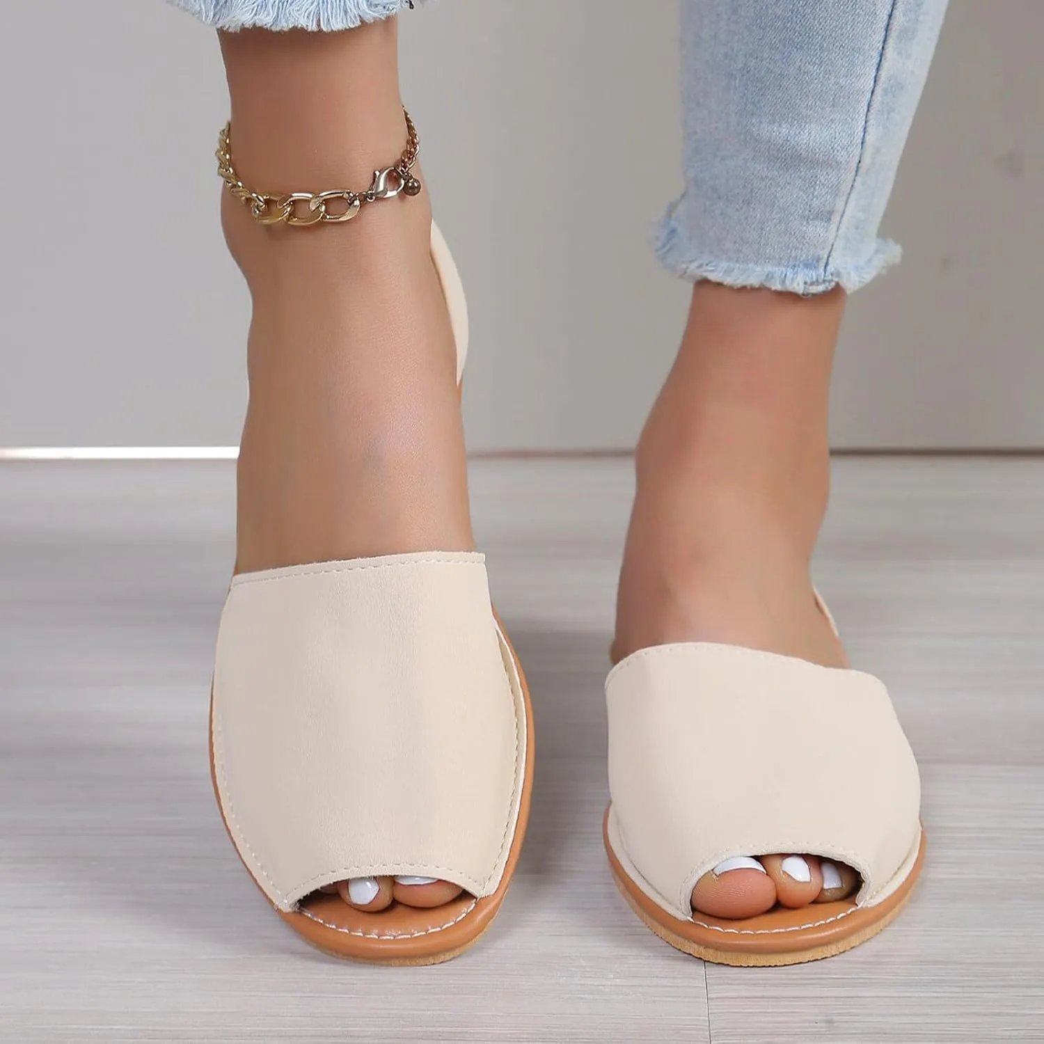 Women's Sandals Ladies Casual Solid Colour Outer Wear Flat Bottom Fish Mouth Footwear Soft Women Slippers &