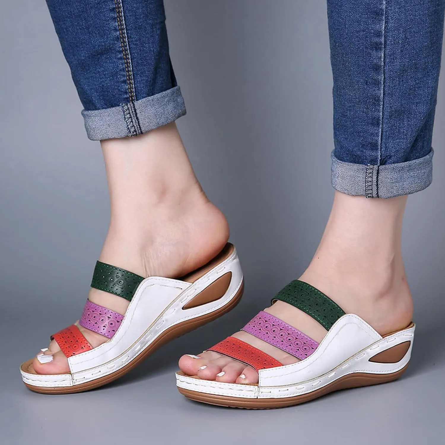 Womens Sandals Thick Sole Soft Cushion Arch Support Breathable Leather Sandals Summer Home Outdoor Sandals Women