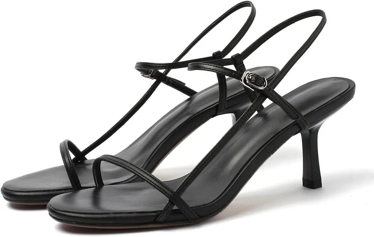 Women's Slingback Heeled Sandals Open Square Toe Strappy Kitten Heel Ankle Strap Stiletto High Heels Dressy Shoes