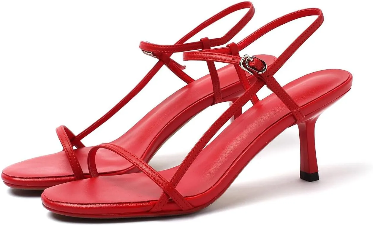 Women's Slingback Heeled Sandals Open Square Toe Strappy Kitten Heel Ankle Strap Stiletto High Heels Dressy Shoes